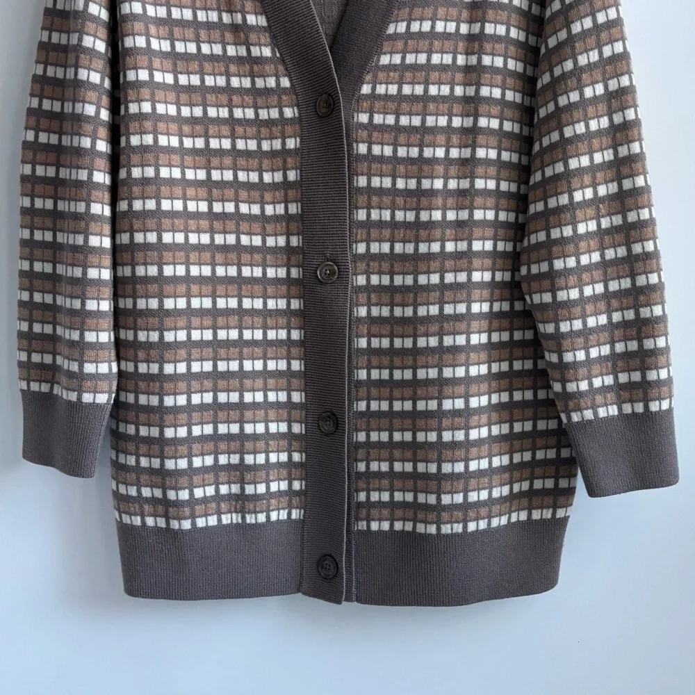Aritzia Babaton Lacer Merino Wool Cardigan Sweater Brown White Checkered Small - Picture 5 of 17